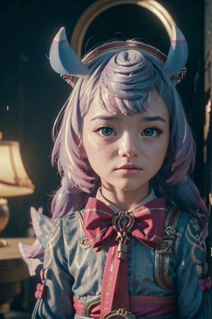 A young small girl in realistic painting portrait of high quality and detail, Sigewinne (Genshin Impact), although she has a uniquely human-like complexion and set of hands. Her pink eye color, tall blue ears with frosted tips and curled tail are much more reminiscent of a typical Melusine seen around Fontaine. Her hair color is pastel blue fading to a purple with white highlights. movie style, full-length, dark and mysterious atmosphere, glow, eye shadow, 1girl, thriller fantasy, Depth & Perspective, dramatic expression on her face, an intimidating look. She has a huge medical syringe in her hands, Mystical powers, fine face, She stands on the battlefield, outdoors, rain on the sky, thunderclaps in the sky in the background, dark cloud, looking at viewer, (ultra-high detail:1.2), Masterpiece, Best Quality, Ultra-detailed, Cinematic lighting, 8K, delicate features, cinematic, 35 mm lens, f/1.9, highlight lighting, global lighting –uplight –v 4, Cinematic lighting, 8K, high quality, Highest Quality, (Solo Focus), (extremly intricate:1.3), (Realistic), dramatic, masterful, Analog style, (Film grain:1.5), (warm hue, cold tone), destruction behind back