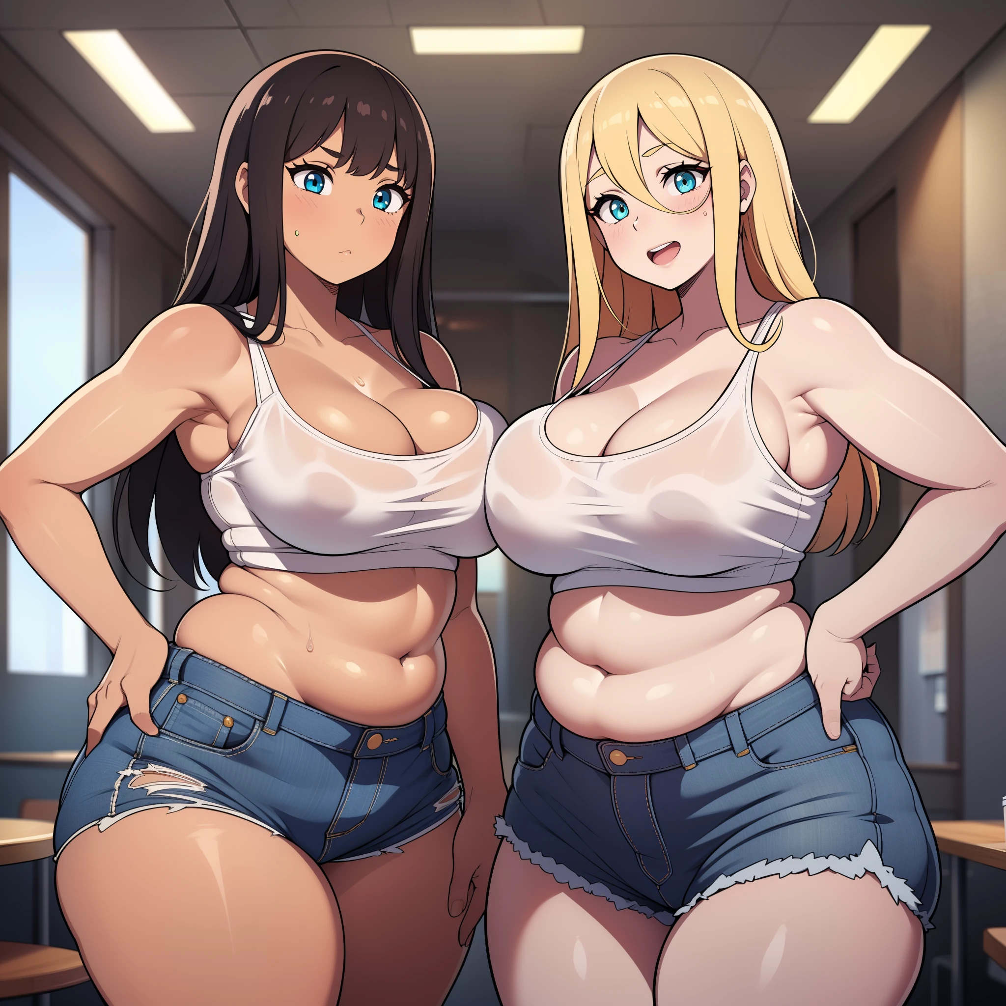 ((highres)), Masterpiece, high quality, best quality, beautiful, perfect lighting, detailed face, ultra cute face, ((2girls)), one girl has blonde hair, blue eyes, crop top and shorts skindentation, one girl has brown hair, green eyes, jeans, white shirt, thighs clothes, full body, fast food restaurant, medium breasts, perky breasts, cleavage, ((wide hips)), ((thick thighs)), ass, ((plump)), chubby belly, fat folds, standing next to each other,