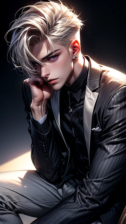 Man in black clothes with white shirt, long short white hair, and purple eyes, attractive male, handsome male, handsome young man, handsome and attractive, blonde and attractive features, attractive man, attractive young man, cool _ hairstyle, blond man, cold expression, slim man with light tanned skin, Young man with long length, black shoes, 8k