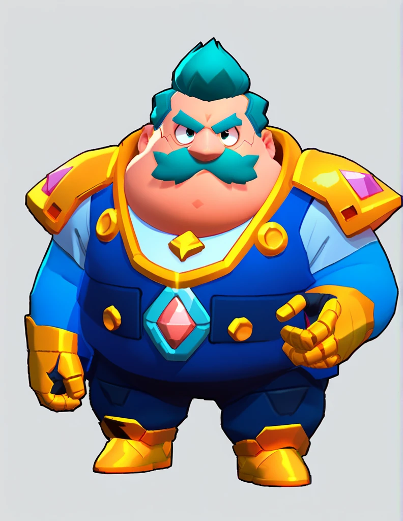 an obese businessman, in a blue suit, blue cyberpunk hairstyle and mustache, in gold armor encrusted with diamonds