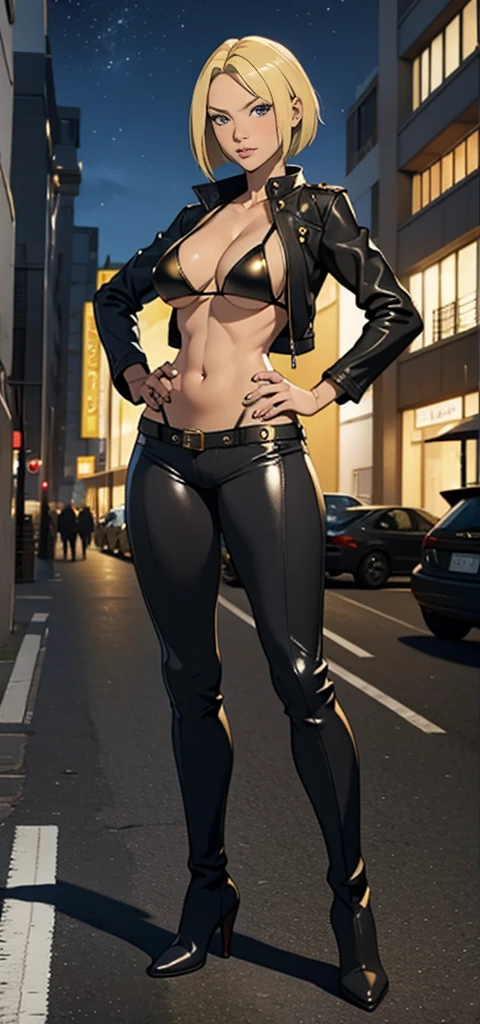 Masterpiece, best quality, Masterpiece, best quality, 1 woman , blue eyes , yellow bob hair , black leather jacket , sly face , black bikini , abdomen, big breasts , Long legs , boots , hands on hips , parking lot , at night 
