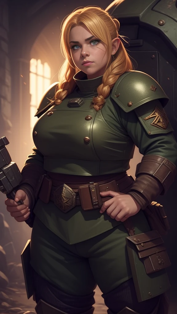 (high-angle shot), warhammer 40k imperial guardsman, ((female dwarf)). blonde hair, bare hand, hobbit, hafling, pants, (green bulletproof vest), ((large nose)), large expressive eyes, ((in a rusty spaceship)), chubby face, (eye black), black paint under eyes, dirty