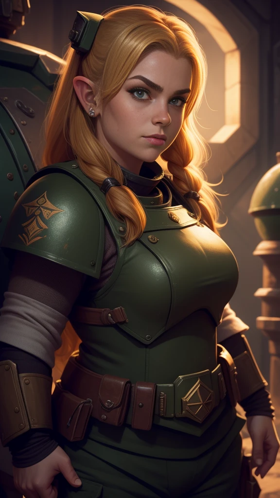 (high-angle shot), warhammer 40k imperial guardsman, ((female dwarf)). blonde hair, bare hand, hobbit, hafling, pants, (green bulletproof vest), ((large nose)), large expressive eyes, ((in a rusty spaceship)), chubby face, (eye black), black paint under eyes, dirty
