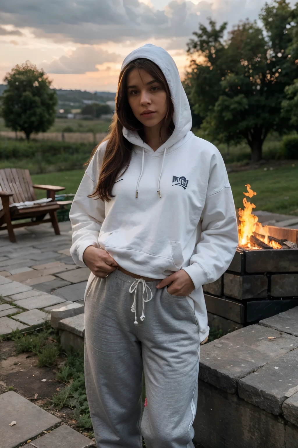 In this photo, a woman is outdoors next to a fire. clothes Hoodie (sweatshirt with hood): He wears a light gray hoodie. A hoodie is on his head. Top: Under the hoodie, he wears a short white top that shows part of his stomach. Pants: loose pants with a white base color. Environment Fire: There is a burning fire in front of the woman. Chairs: Wooden chairs with white cushions surround the fire. Background: In the background, a short stone wall can be seen and there are trees and greenery behind the wall. The sky is partly cloudy and the photo was taken at sunset or early night. Condition Drinking water: The woman is holding a transparent bottle and is drinking water from it. The bottle is made of glass. female posture Standing: He is standing, holding the water bottle close to his mouth and drinking.In this photo, a woman is outdoors next to a fire. clothes Hoodie (sweatshirt with hood): He wears a light gray hoodie. A hoodie is on his head. Top: Under the hoodie, he wears a short white top that shows part of his stomach. Pants: loose pants with a white base color. Environment Fire: There is a burning fire in front of the woman. Chairs: Wooden chairs with white cushions surround the fire. Background: In the background, a short stone wall can be seen and there are trees and greenery behind the wall. The sky is partly cloudy and the photo was taken at sunset or early night. Condition Drinking water: The woman is holding a transparent bottle and is drinking water from it. The bottle is made of glass. female posture Standing: He is standing, holding the water bottle close to his mouth and drinking.