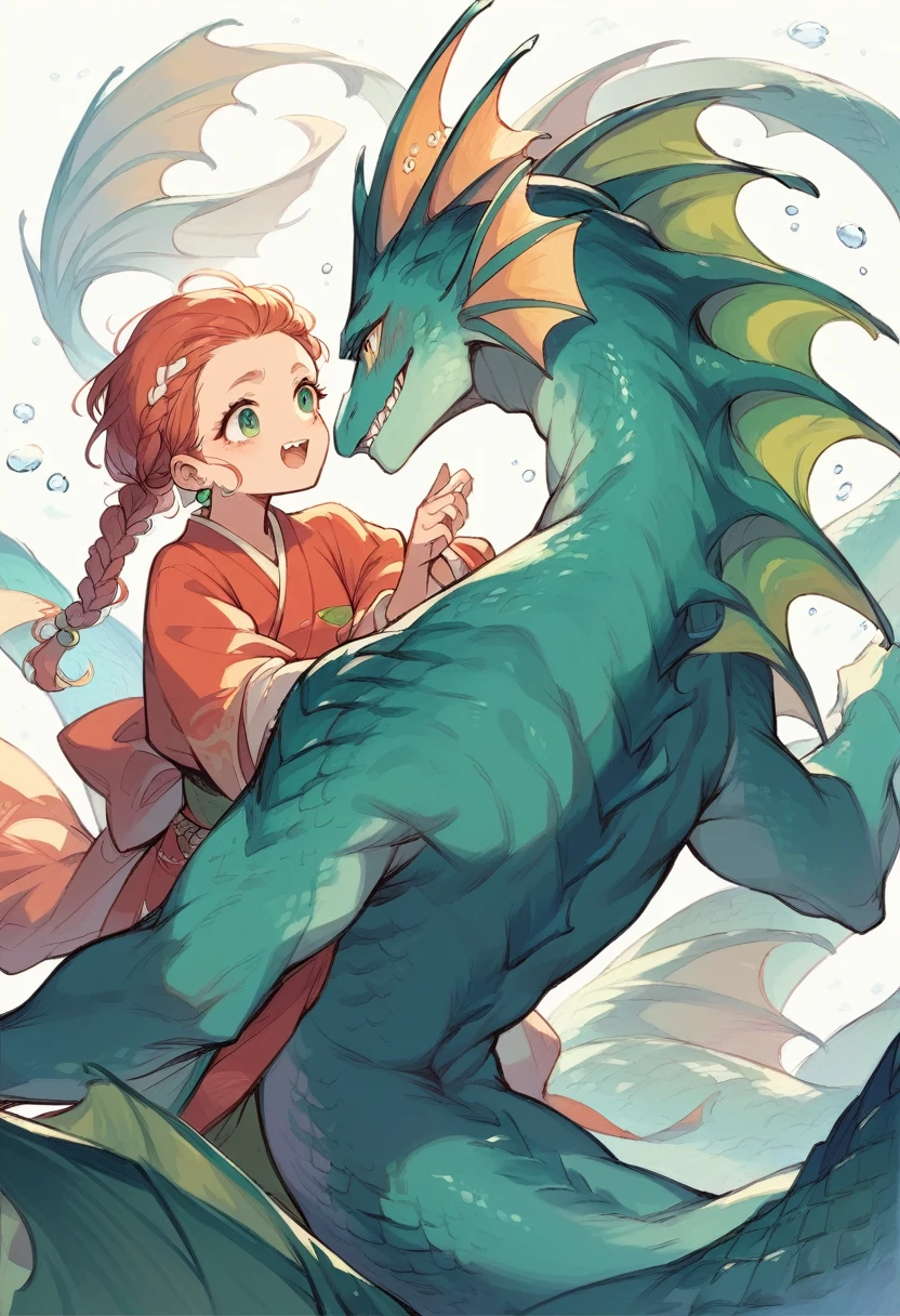 Masterpiece, Best Quality, 1 girl, braided hair with green tones, Siren, Siren, petalos, with 1 boy in traditional Chinese clothing, un chico junto a la Siren