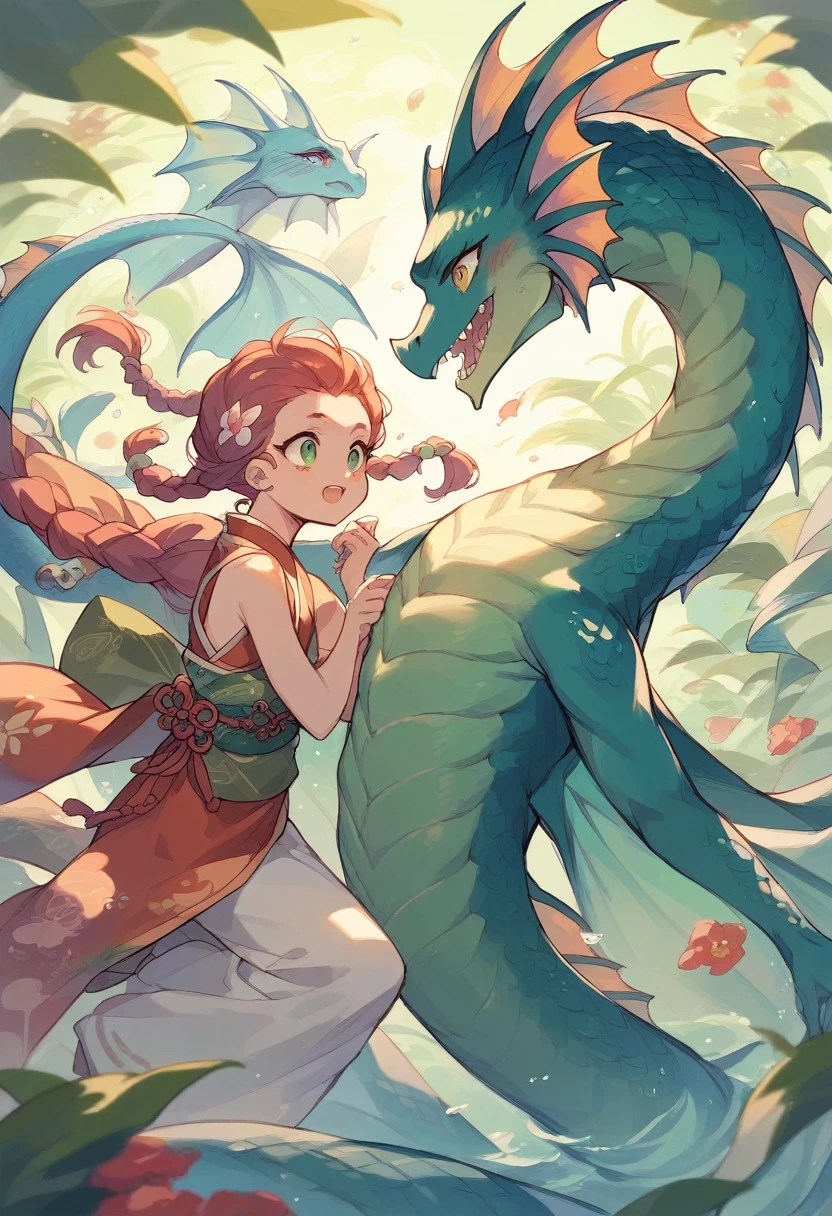 Masterpiece, Best Quality, 1 girl, braided hair with green tones, Siren, Siren, petalos, with 1 boy in traditional Chinese clothing, un chico junto a la Siren