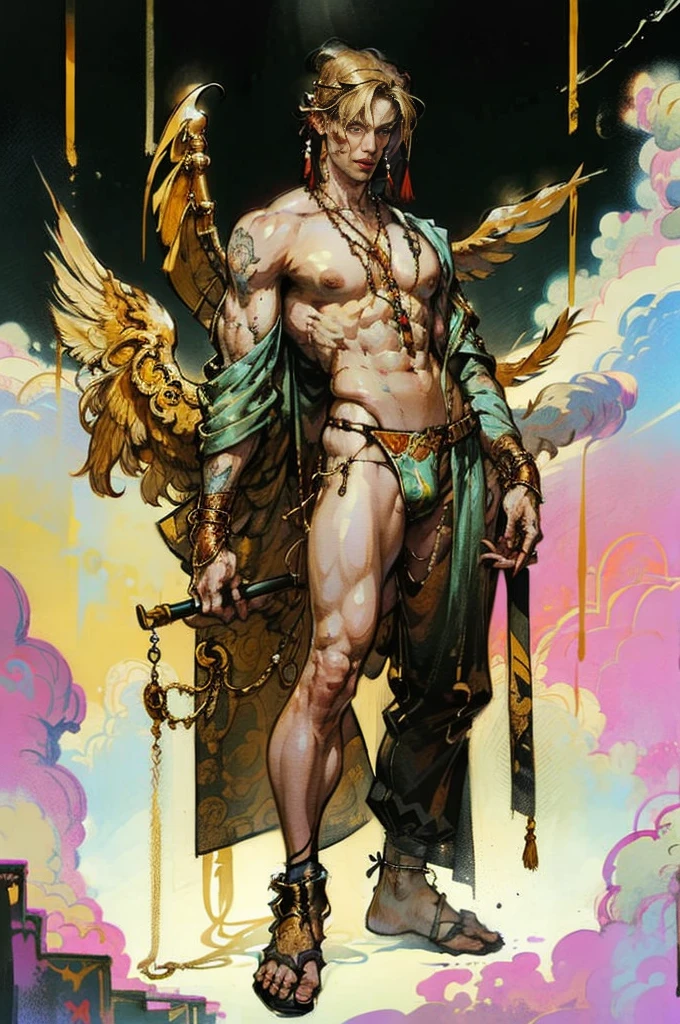 Perfect proportion, anatomically correct, (from head to foot: 2.0), (Full body image: 2.0), alone, extremely stylized, abnormal art, strong，muscle，Chest and abdominal muscles，underwear，Handsome young blond man，Six Wings，masterpiece, Very detailed, delicate eyes, expressive delicate eyes, Detailed student, Futuristic, ((Religious temple filled with golden decorations)), ((religious clothing)), (cybernetic weapons:1.4), big boot, Full body image，Extensive decoration，, full-body shot, nvink punk, Professional photos of Alexander_skarsgard, tassel, Large beads，religious totem，Satanism, (大tassel), religious painting style, ink punk, paint tray, Ink splatter, (Action poses:1.0), chain mail