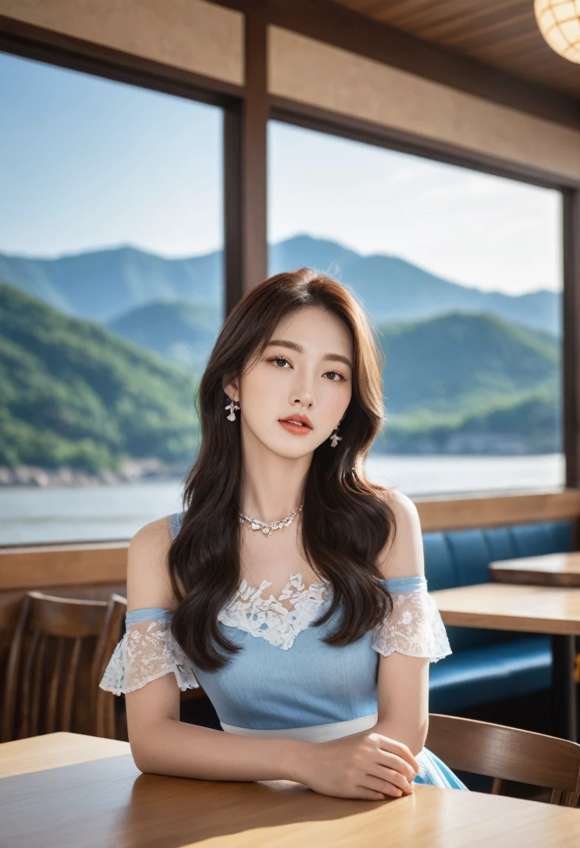 super impressive realistic photo quality, a close-up analog raw candid photo of, a most beautiful korean idol woman facing the viewer, wearing a trendy dress sitting in a cafe, the interior design of the cafe is very aesthetic and inside the cafe there are wall decorations (mountain-moon-river-landscape and women ) multi-layered cutout paper art style, the background looks very realistic with natural lighting in the room. most impressive image, faces are very detailed and clear