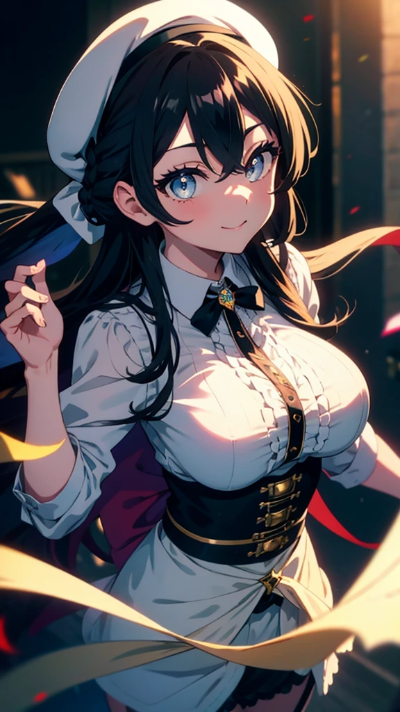 best quality,extremely detailed,anime style,1girl,Long hair down to the waist,straight hair,Dark black hair with bluish,Braid on top of the head,ponytail,beautiful detailed eyes,pinched eyes,dark blue eyes,huge breasts,smile,beret cap,garter belt,Fluttering and mysterious clothes,hair ornament,princess room,Sunlight