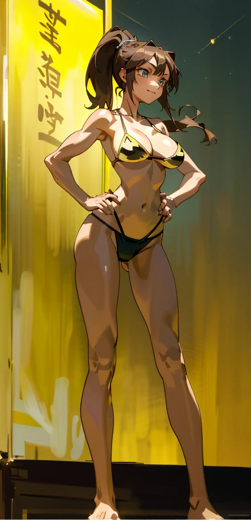 Masterpiece, best quality, Masterpiece, best quality, 1 woman, brown hair ponytail , sly face , smile , gold bikini , abdomen, big breasts , Long legs , Barefoot , hands on hips , car , nighttime