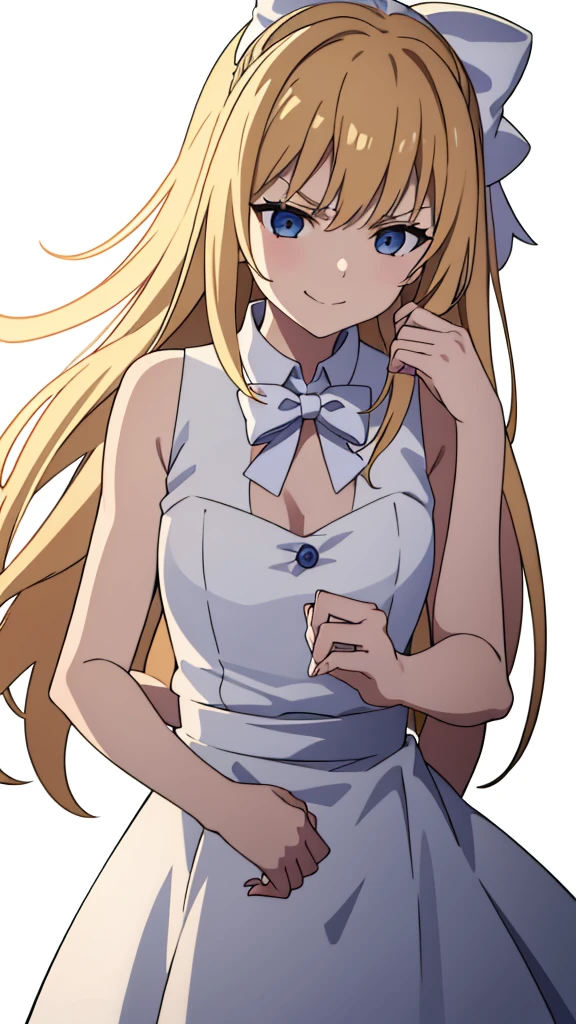 (1girl,20 years old,mature female),blonde hair,long hair,white dress, sleeveless, bow tie, bare shoulders,angry,smile,cleavage,((white background)),extra arms,four arms,from back