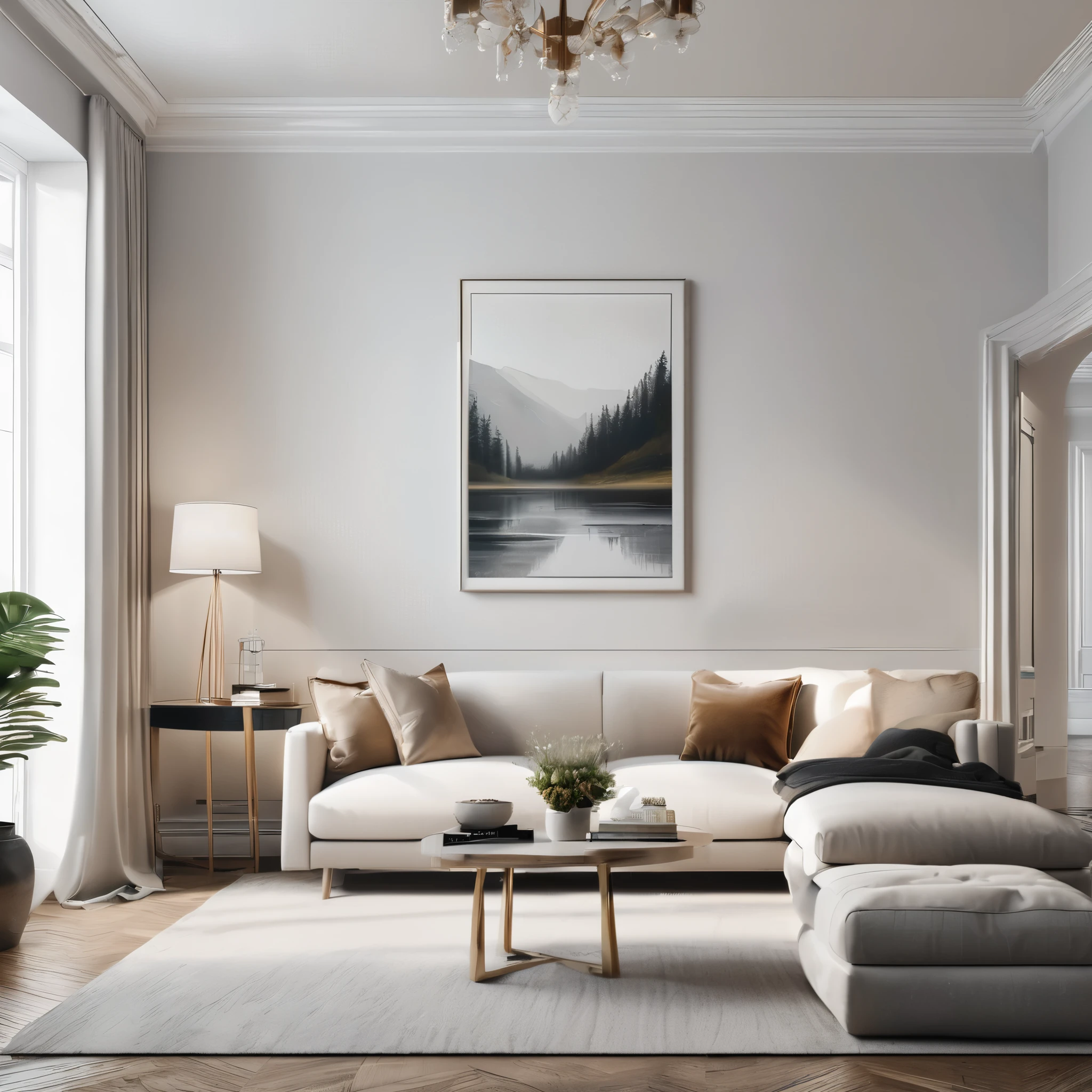 Generate a photorealistic AI-rendered image of a warm and inviting living room with a clean aesthetic. The scene should exude a cozy atmosphere, featuring well-lit spaces and a tasteful interior. Include realistic details such as furniture arrangements, subtle decor, and a blank wall suitable for a painting. This image will serve as a mock-up for a painting, capturing the essence of a welcoming and stylish living room with a focus on warmth and cleanliness. Leave the painting blank white. Closer view on the painting. full view of painting. No art work on the painting, leave it blank.\