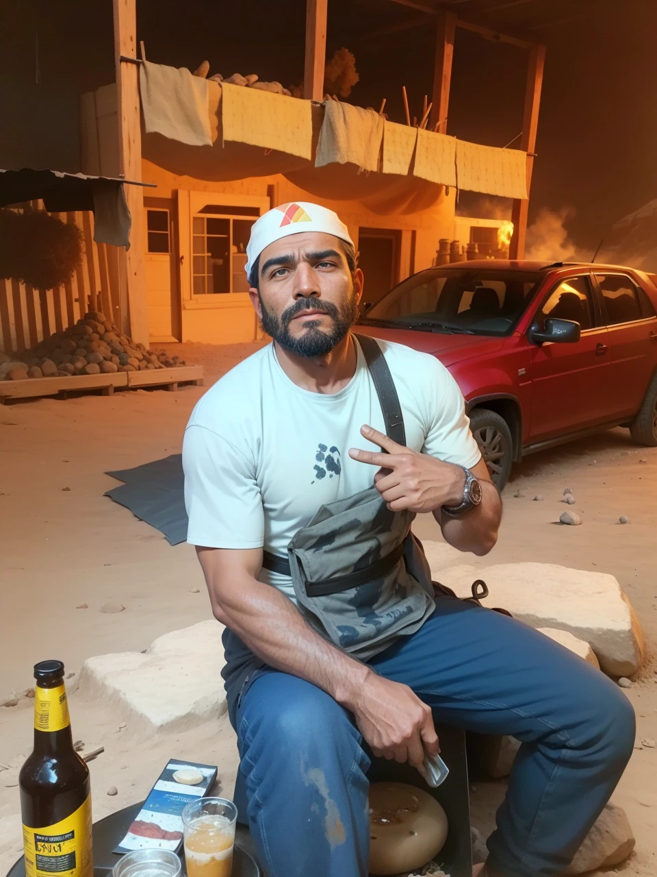 armed man with beard cooking food on a grill surrounded by stones and dirt, (fire), real life photo of Venezuelan man, burning fire, Bedouin D&D retrato, fire behind him, outdoors under the paint, Directed by: Juan Carlos Stekelman, wielding fire, foto perfil, profile picture 1024px, with fire