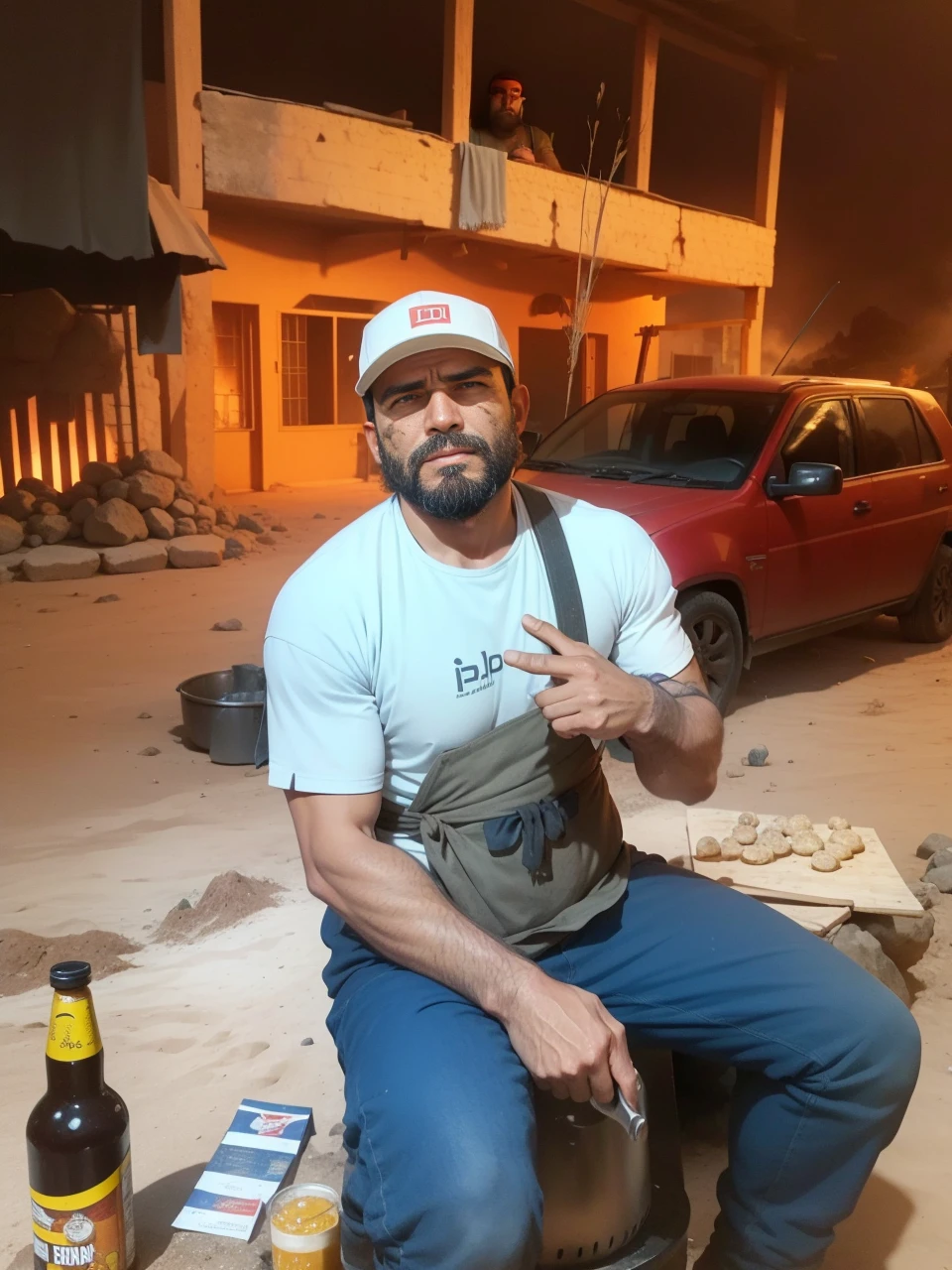armed man with beard cooking food on a grill surrounded by stones and dirt, (fire), real life photo of Venezuelan man, burning fire, Bedouin D&D retrato, fire behind him, outdoors under the paint, Directed by: Juan Carlos Stekelman, wielding fire, foto perfil, profile picture 1024px, with fire