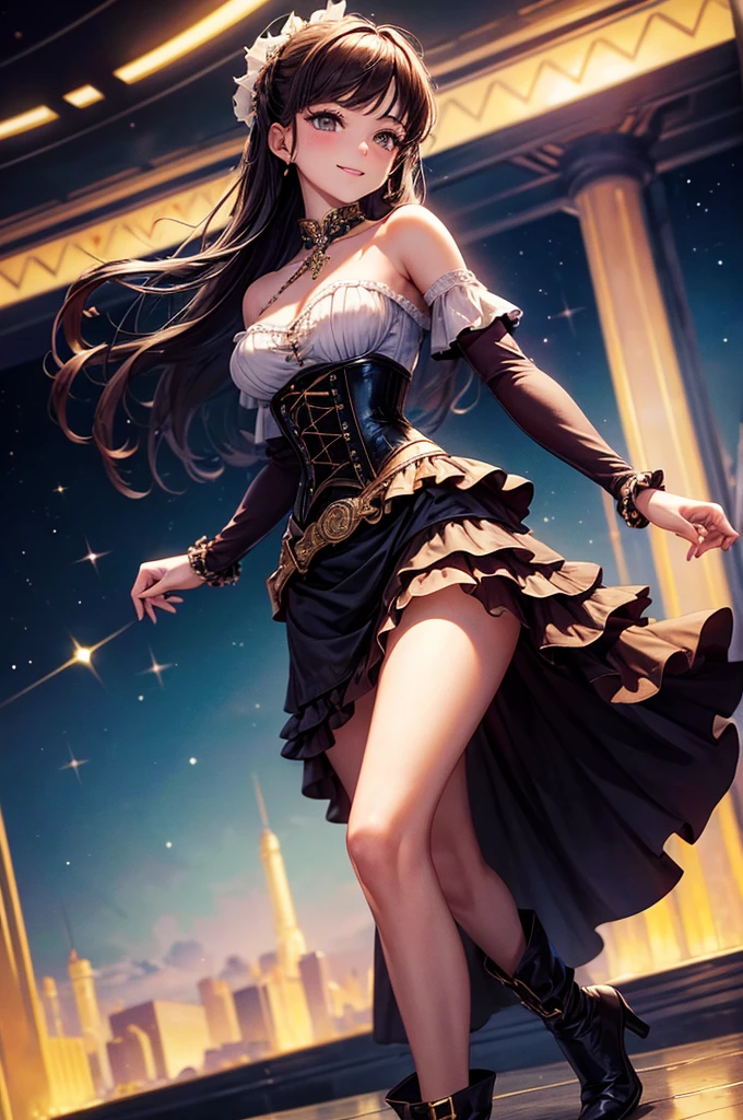 (masterpiece, best quality:1.2), Cowboy shooting, alone, 1 girl, Cheryl name, Smile, Keep your mouth shut, looking at the audience, Off the shoulder dress, Corset, layered skirt, High Leg Raise, Bare shoulders, Outer Space, Star (Sky)