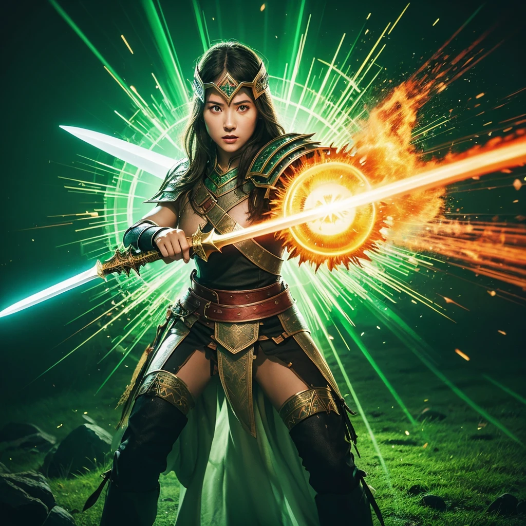 Jehovah with drawn sword gladiator costume fire shield spiritual warfare atmosphere phosphorescent green background