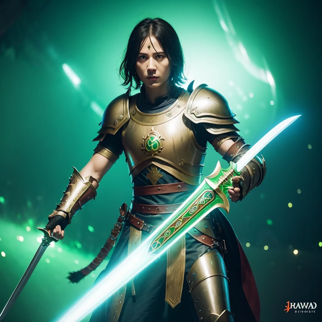 Jehovah with drawn sword gladiator costume fire shield spiritual warfare atmosphere phosphorescent green background