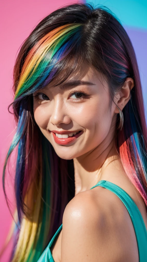 A woman with bright colorful rainbow hair, smile slightly, blured background