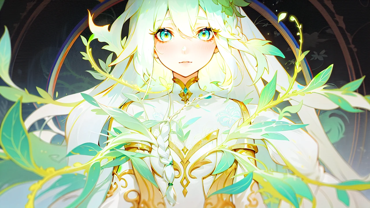 Beautiful woman with very long, white hair with a braid, light green vines and light greeb eyes, pale skin, greater lord Rukkhadevata from Genshin Impact 