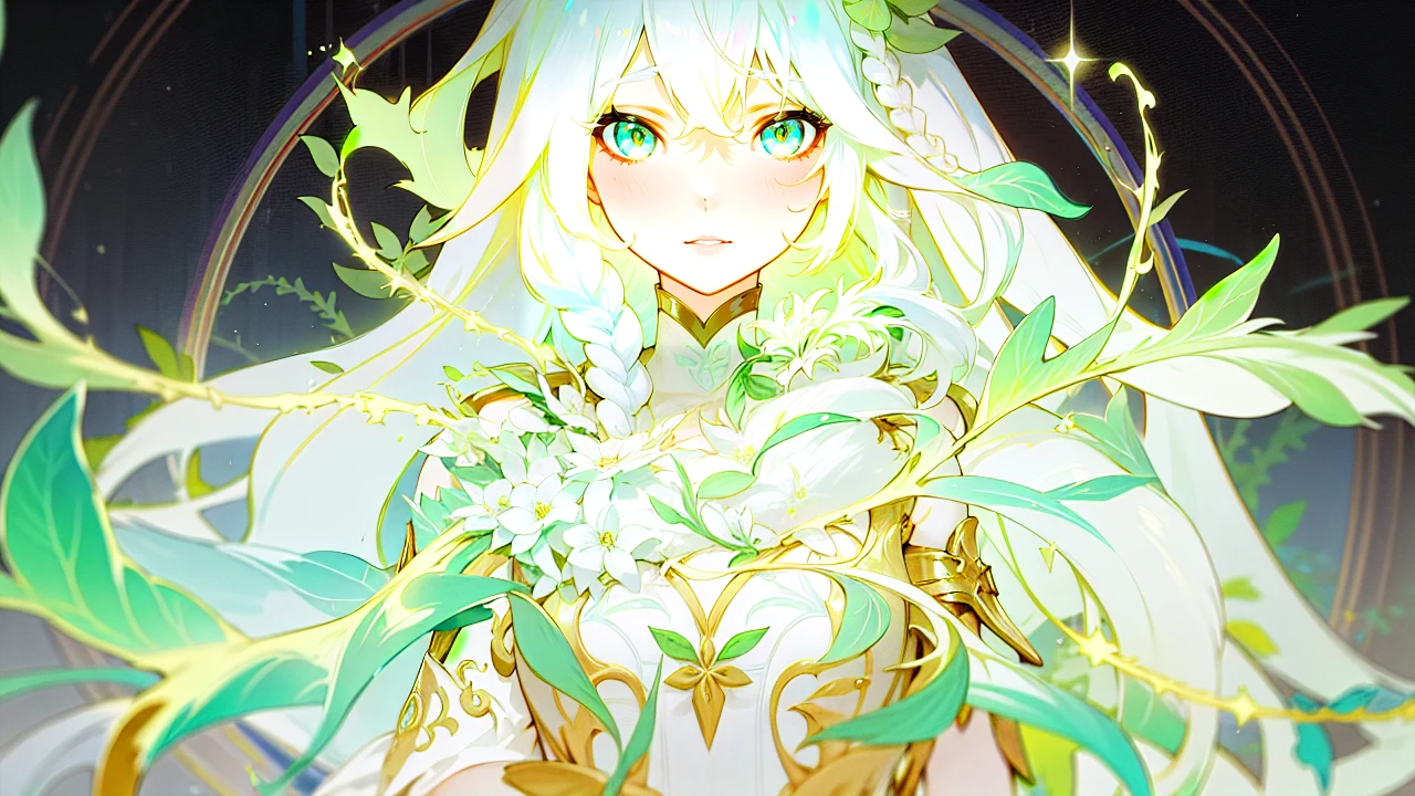 Beautiful woman with very long, white hair with a braid, light green vines and light greeb eyes, pale skin, greater lord Rukkhadevata from Genshin Impact 