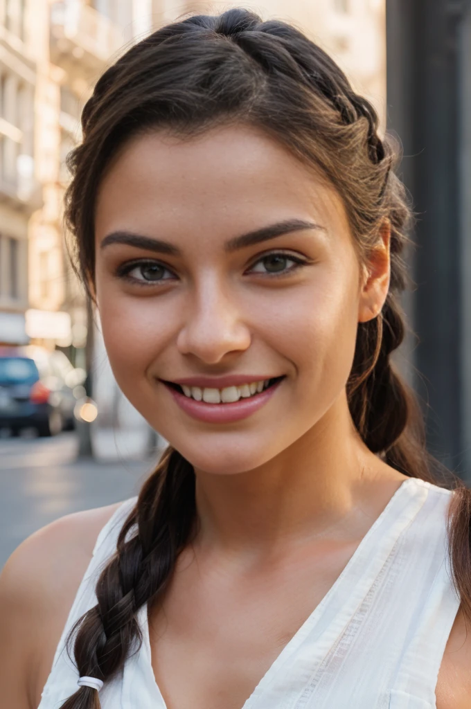 gorgeous, beautiful 21 years old, brunette with white stripes and small braids, closeup portait, face photograph, hot girl, she's in the city, (((wearing a cute dress))), (((perfect eyes))), she is smiling, perfect teeth, huge breasts, detailed skin, realistic, photo-realistic, 8k sharp focus, highly detailed, full length frame, High detail RAW color art, piercing, diffused soft lighting, shallow depth of field, sharp focus, hyperrealism, cinematic lighting, big smile