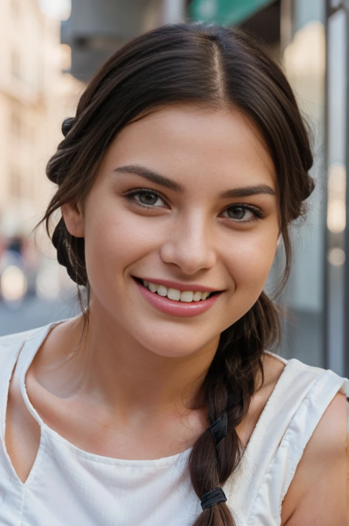gorgeous, beautiful 21 years old, brunette with white stripes and small braids, closeup portait, face photograph, hot girl, she's in the city, (((wearing a cute dress))), (((perfect eyes))), she is smiling, perfect teeth, huge breasts, detailed skin, realistic, photo-realistic, 8k sharp focus, highly detailed, full length frame, High detail RAW color art, piercing, diffused soft lighting, shallow depth of field, sharp focus, hyperrealism, cinematic lighting, big smile