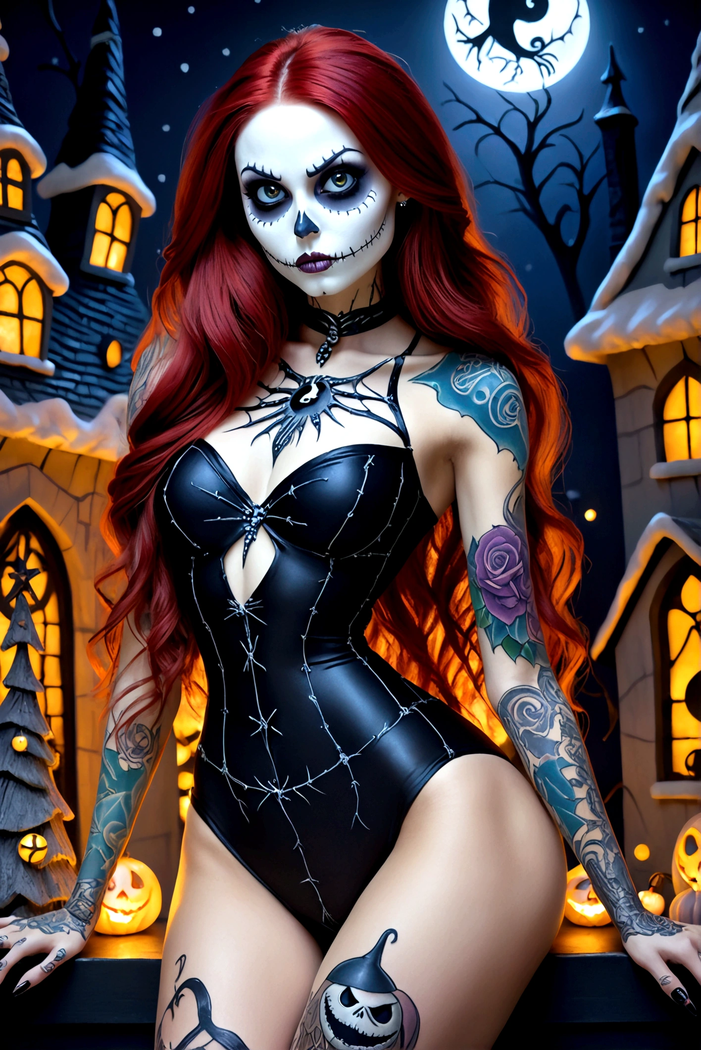 Create a hyper detailed photograph of a nightmare before Christmas tattooed young sexy stunning gorgeous girl, Stunningly perfect gorgeous face, perfect death makeup,detailed vibrant eyes, long hair,detailed perfect beautiful legs, detailed perfect beautiful arms, realistic torso, muscular abs, sally Skellington detailed silky smooth skin texture,detailed silky smooth perky breast, perfect round ass, nightmare before Christmas strappy lace linger, back to viewer looking forward,
