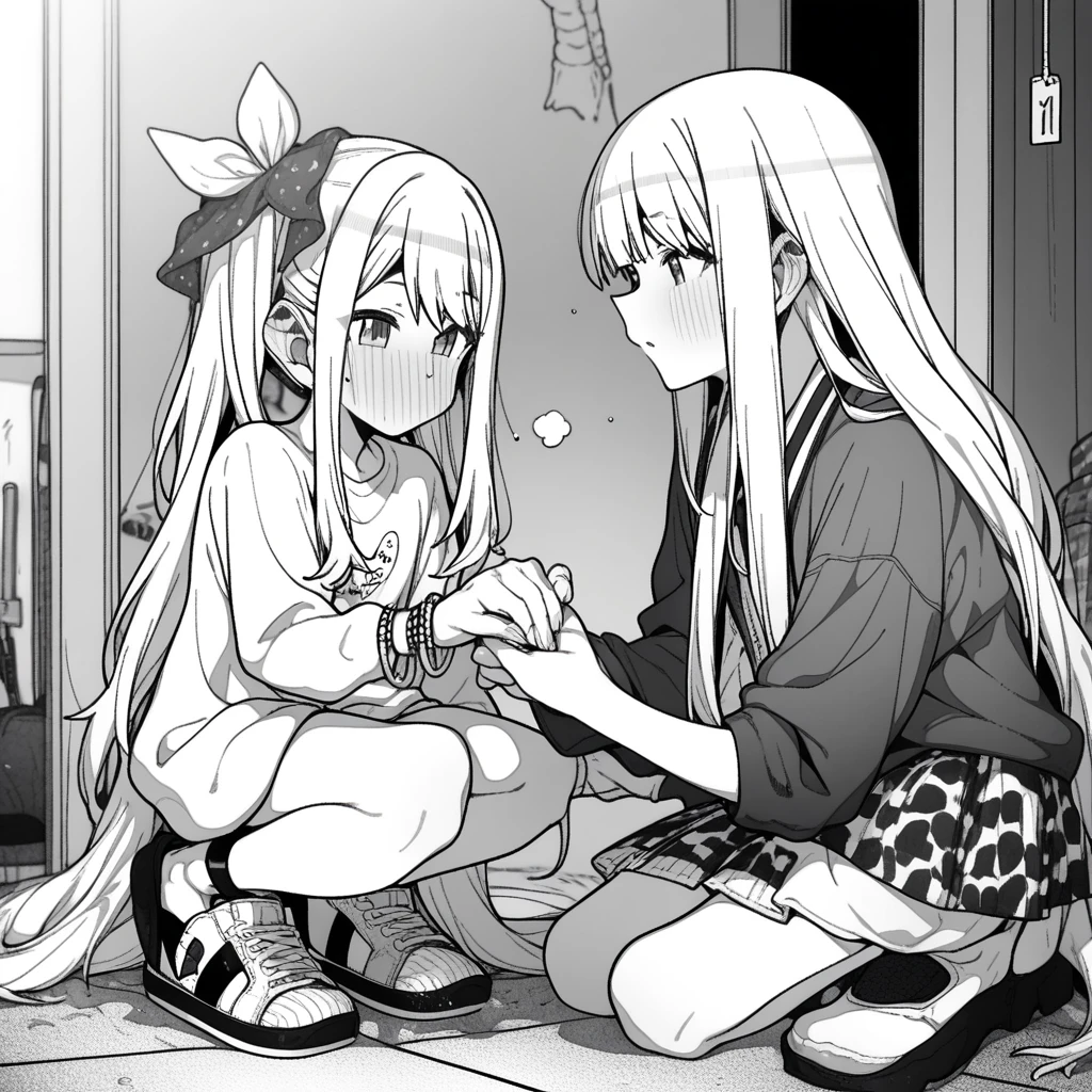 1girl, rei \(rei's room\), moketa, erere, idolmaster, gakuen idolmaster, shinosawa hiro, aged down, bracelet, hand on another's leg, jewelry, long hair, sandals, shoes, sneakers, squatting, very long hair, absurdres, greyscale, hatching \(texture\), depth of field, ((very aesthetic, best quality, ultra detailed)), manga-style