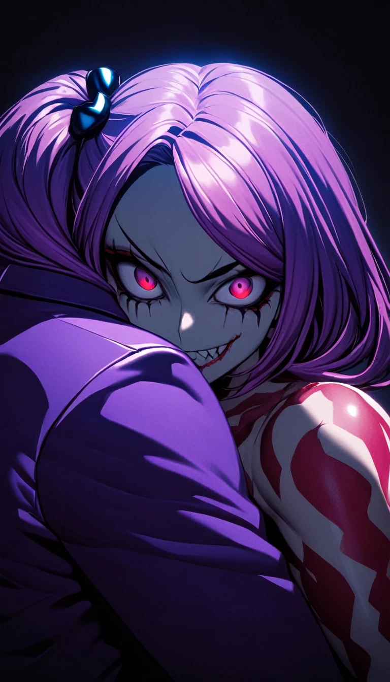 tattoo girl, very beautiful, murderous, Harley Quinn, crazed look, dark background, 8K, dynamic wallpaper, very delicate, very dense, creepy smile, close up to camera, hugging man in purple suit.