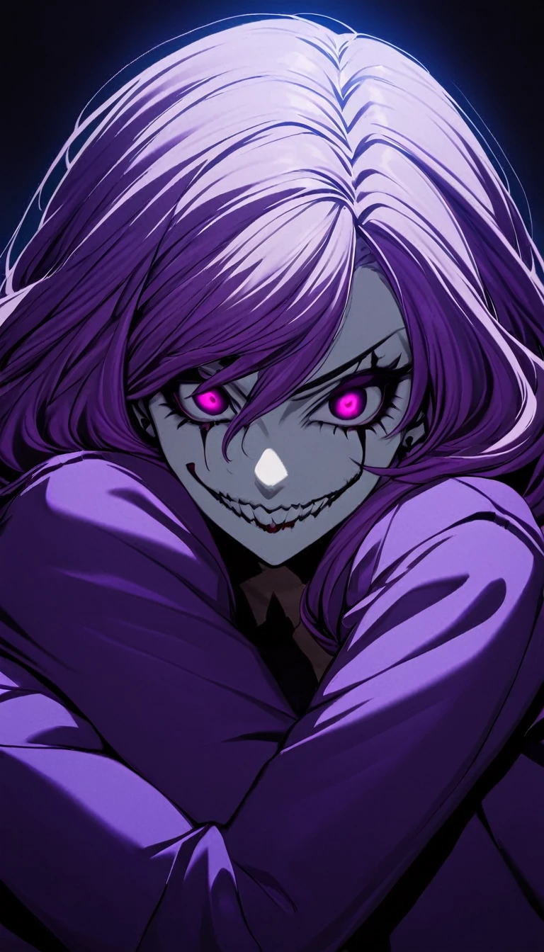 tattoo girl, very beautiful, murderous, Harley Quinn, crazed look, dark background, 8K, dynamic wallpaper, very delicate, very dense, creepy smile, close up to camera, hugging man in purple suit.