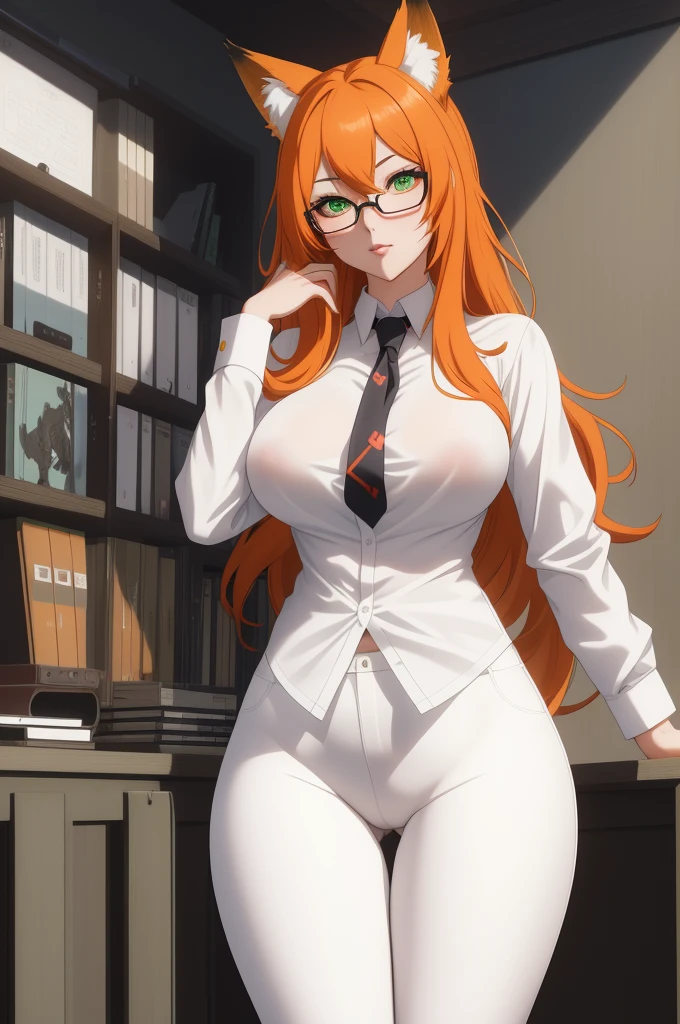 (masterpiece, Best quality), 8K, ultra detailed, realistic photo, Detailed face, perfect lighting, green eyes, bright orange hair, bright hair, fox ears, nice legs, side photo, beautiful, Cute, skin pores, 1 girl, perfect shirt, fully dressed, beautiful women 30 years old, Beautiful proportions, Russian woman, Caucasian, European, Business lady, stunningly beautiful woman, mother, thick legs, show ass, big breasts, (Thin white shirt:1.4), thick, hot, (White Office Wear:1.4), tight pants, (wide hips:1.2), thick, (white Office pants:1.3), spread your legs, Legs open, full length, wide hips, Glasses, with long orange hair, standing on the beach near the ocean, green eyes detailed digital anime art, cat ear, anime girl with long hair, гладкое аниме cg art, anime girl with long hair, digital anime art, work in Guweiz style, Beautiful anime portrait, Photorealistic render of an anime girl, pantyhose, Beautiful anime girl, advanced digital anime art, guweiz на artstation pixiv HD UHD HQ