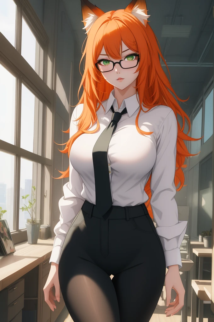 (masterpiece, Best quality), 8K, ultra detailed, realistic photo, Detailed face, perfect lighting, green eyes, bright orange hair, bright hair, fox ears, nice legs, side photo, beautiful, Cute, skin pores, 1 girl, perfect shirt, fully dressed, beautiful women 30 years old, Beautiful proportions, Russian woman, Caucasian, European, Business lady, stunningly beautiful woman, mother, thick legs, show ass, big breasts, (Thin white shirt:1.4), thick, hot, (White Office Wear:1.4), tight pants, (wide hips:1.2), thick, (white Office pants:1.3), spread your legs, Legs open, full length, wide hips, Glasses, with long orange hair, standing on the beach near the ocean, green eyes detailed digital anime art, cat ear, anime girl with long hair, гладкое аниме cg art, anime girl with long hair, digital anime art, work in Guweiz style, Beautiful anime portrait, Photorealistic render of an anime girl, pantyhose, Beautiful anime girl, advanced digital anime art, guweiz на artstation pixiv HD UHD HQ