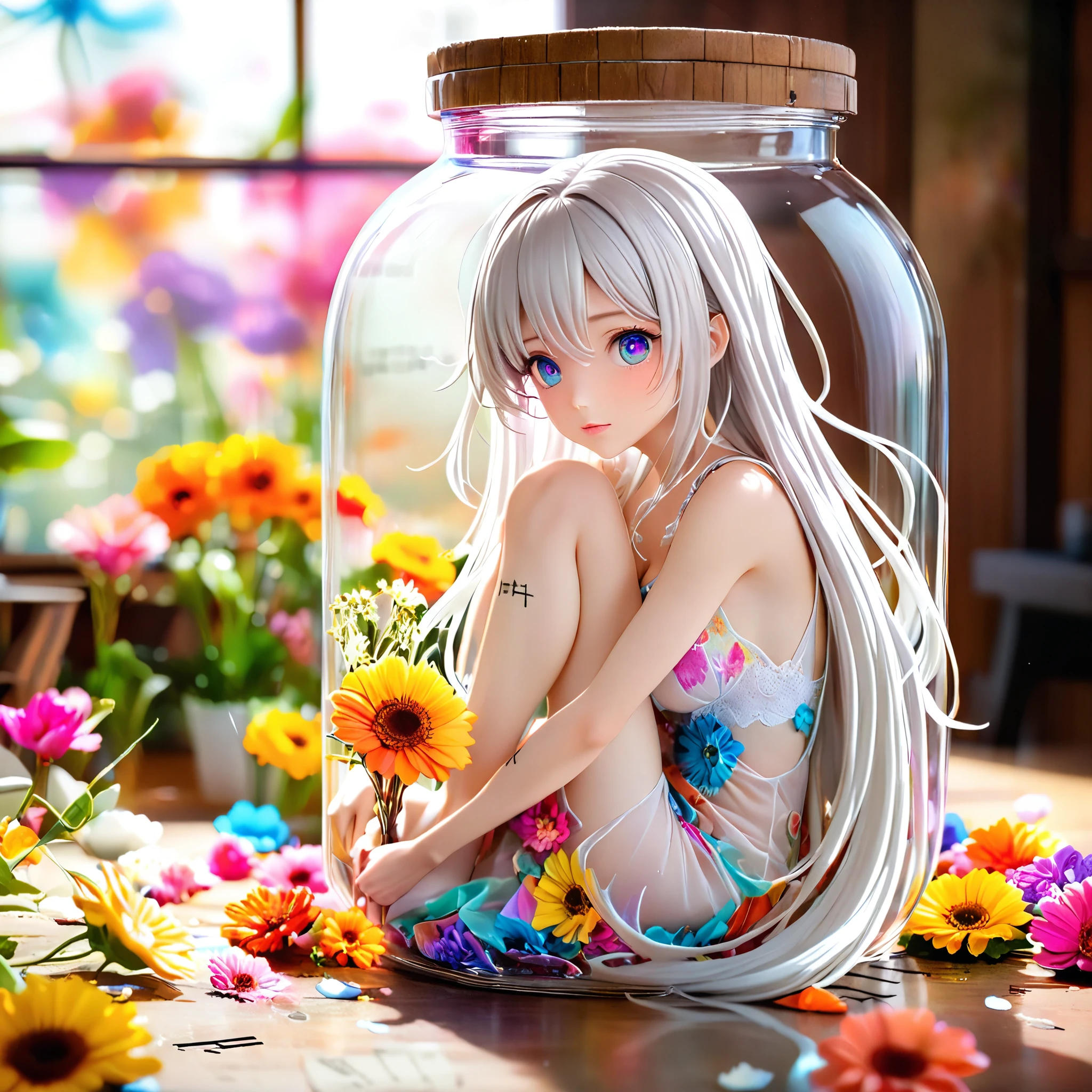 (Masterpiece), (Best Quality), Illustration, Super Detailed, HDR, Depth of Field, (Colorful), ,(Flowers Background:1.45),(Transparent Background:1.3)(an extremely delicate and beautiful girl inside of glass jar :1.2), (glass jar:1.35), (lone:1.2), (whole body), (beautiful and delicate eyes, beautiful and delicate face:1.3), (sitting), (very long silky hair, white hair: 1.15), (ease_chest, tally and thin: 1.2), (colorful clothes: 1.3), (exceptionally fine lace: 0.3), (exceptionally fine decoration: 0.3), (headband, orange hair_decoration: 1.25), orange jar, water surface, whole body, (bottle filled with orange water, bottle filled with Fanta: 1.25), (many fruit in a jar, many pieces_fruit in a jar: 1.25), (lots of bubbles: 1.25),