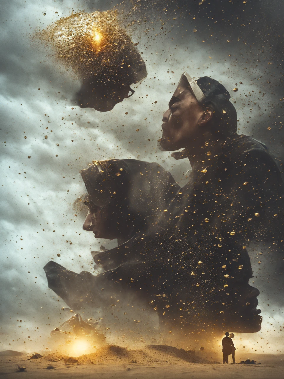 Doctor, death Dying Sand sand in an hour glass film, noir, gold a psychiatrist doctor, silhouettes human brains and organic matter raining down from a cloudy sky, surreal cinematic scene, dramatic lighting, moody atmosphere, movie poster style, digital art, photorealistic, highly detailed, vibrant colors, dramatic shadows, chiaroscuro, intricate anatomy, complex composition, dystopian, conceptual suffering