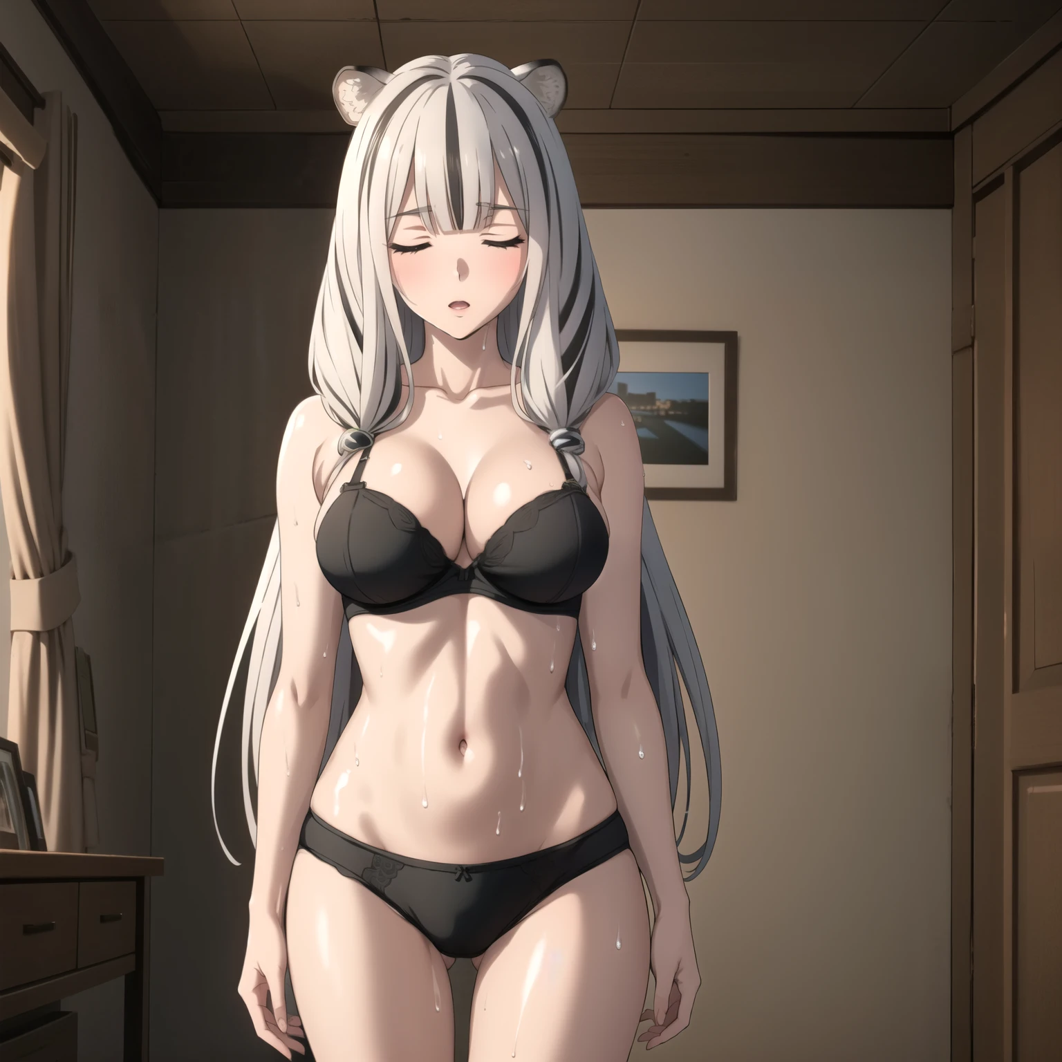 Atlas Fayon woman 40 years, white hair with black stripes ,white tiger ears, closed eyes, blind woman with closed eyes, detailed green bra and black panties  , sexy ,expresión de sorpresa, sorprendida, boca abierta , background a luxurious hotel room, WET BODY. big breasts. mature face. standing in front of the viewer, whole body. boca abierta.