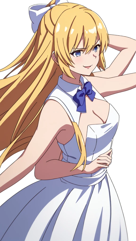 (1girl,20 years old,mature female),blonde hair,long hair,white dress, sleeveless, bow tie, bare shoulders,angry,smile,cleavage,((white background)),extra arms,four arms,(from back)
