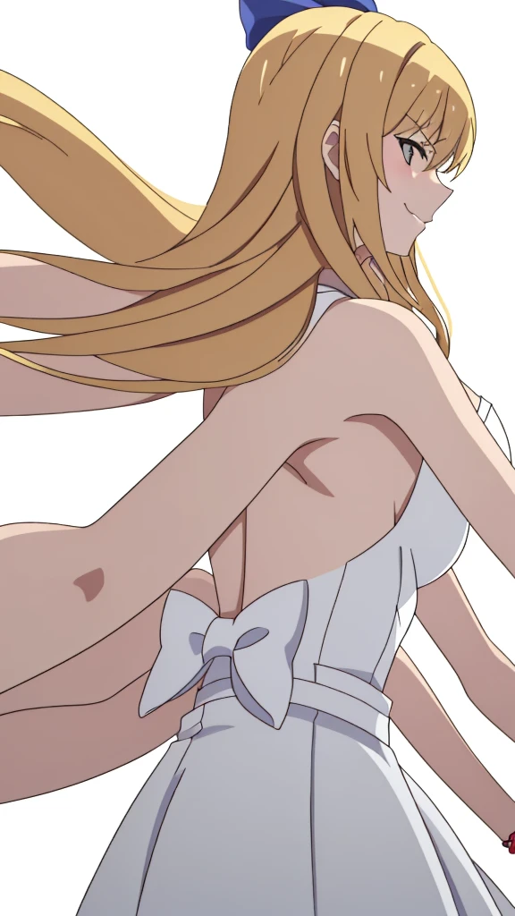 (1girl,20 years old,mature female),blonde hair,long hair,white dress, sleeveless, bow tie, bare shoulders,angry,smile,cleavage,((white background)),extra arms,four arms,(from back)