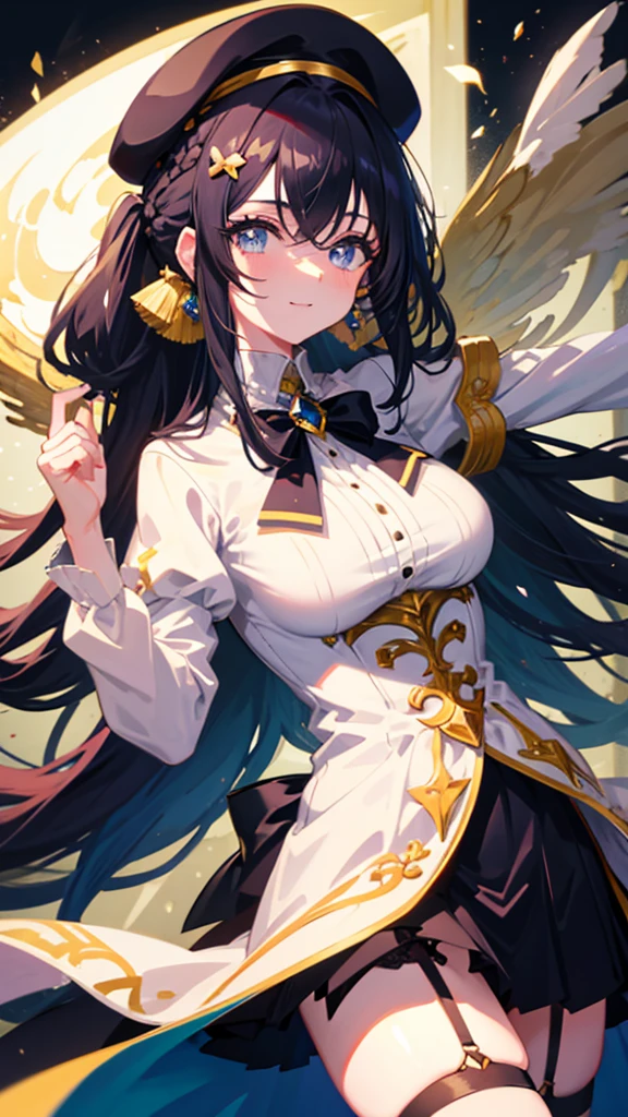 (five fingers)、(EnvyBetterHands, QuickHand),(angled, sharp, edgy, piercing, fierce),(Straight Hair:1.5), ,Drunk,(tilt one's head:1.3),,(very long hair:1.5),(doe-eyed:1.1),(smile:1.5),((blush)),((Very cute expression)),((,looking at viewer:1.2)),,((Long and narrow face)),,((Small face)),(yellow eyes:1.5),((smile:1.5)),((contrasted:1.5)),(sexy pose:1.3),(upper body:1.2),((Anime painting)),(( alone,, diesel , Are standing, Watching the audience, smile, earrings, jacket over shoulder, white shirt, collared shirt,striped blue tie, white gloves, white skirt, navy blue hat, hunting cap, yellow eyes, knee high boots, Cross lace shoes,navy blue jacket)),(Black Hair),(droopy eyes:1.5) ((face close-up:1.2))(open mouth:1.1),(Drooping eyes), ((best quality, masterpiece,,Highest quality、High resolution,8K,ultra-detailed face,アニメ,ultra-detailed eyes,ultra-detailed hands,ultra-detailed fingers,ultra-detailed eyes, ,ultra-detailed hair, shiny skin, Silky Pale White)),((The official look)),,(Use of strong primary colors)((Transparent Background、pop background)),(Drooping eyes)(Bright lighting)(Use of bright colors)(eight-headed body),(black over the knee boots)、(Well-proportioned )、(nsfw),(Showing off your underwear to provoke)、,(White panties),(nsfw:1.5)