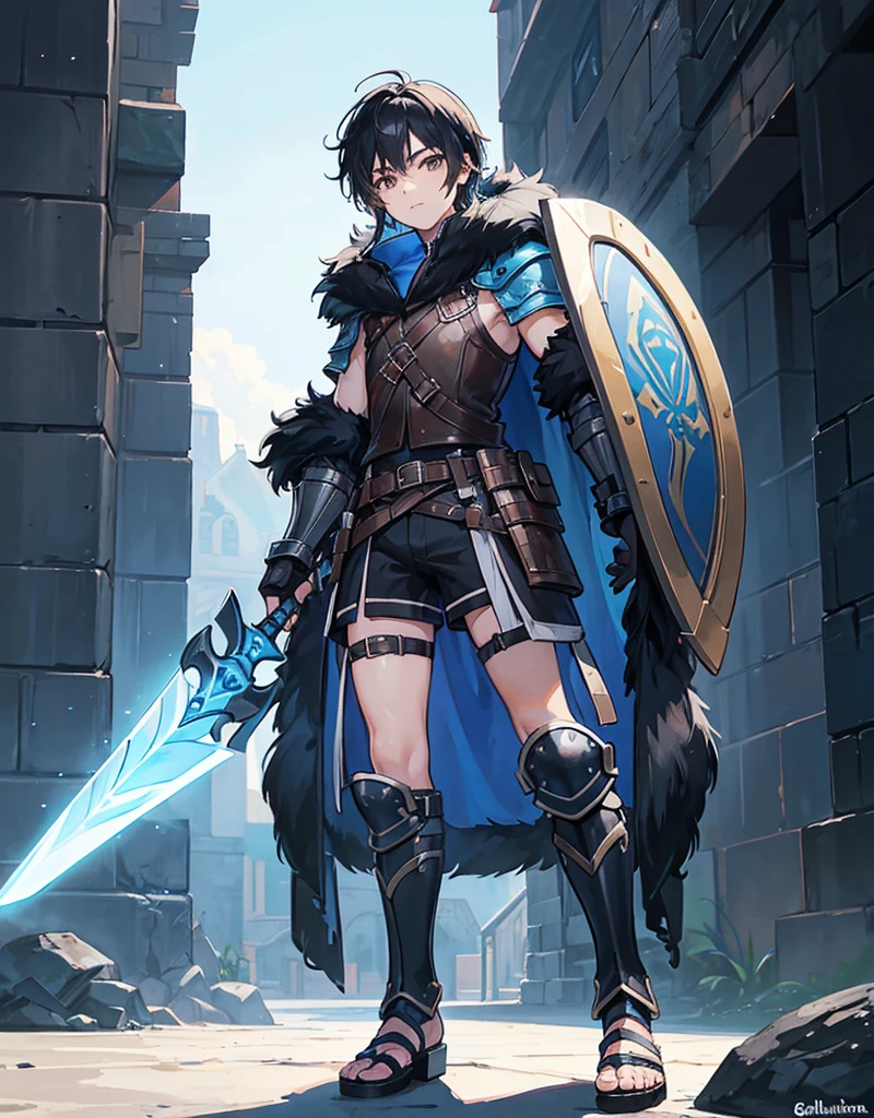 Young boy with black hair, brown eyes and fair skin, innocent and happy, wearing neon blue barbarian fur tunic, black shorts, gauntlets and sandals, weilding sword and shield, blue armor, fullbody, medieval background, boyish athletic