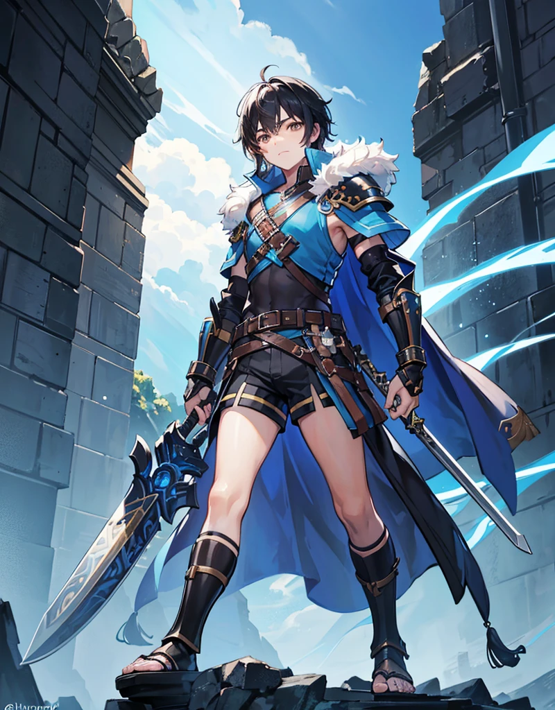 Young boy with black hair, brown eyes and fair skin, innocent and happy, wearing neon blue barbarian fur tunic, black shorts, gauntlets and sandals, weilding sword and shield, blue armor, fullbody, medieval background, boyish athletic
