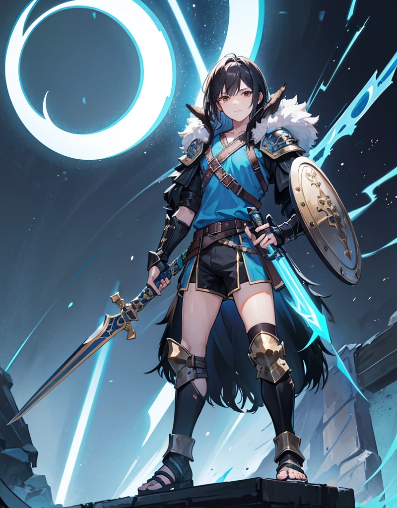 Young boy with black hair, brown eyes and fair skin, innocent and happy, wearing neon blue barbarian fur tunic, black shorts, gauntlets and sandals, weilding sword and shield, blue armor, fullbody, medieval background, boyish athletic