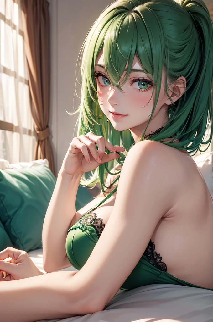 ((ultra detaild)), ((4K)), ((work of art)), kanroji, (sexy facial expression), (flat belly),(medium breasts),(Beautiful breasts),(green hair with pink tips), (rosy cheeks), (high thong panties),(ideal female body), photographic essay, (fully body), 真实感, (sexyposture)  