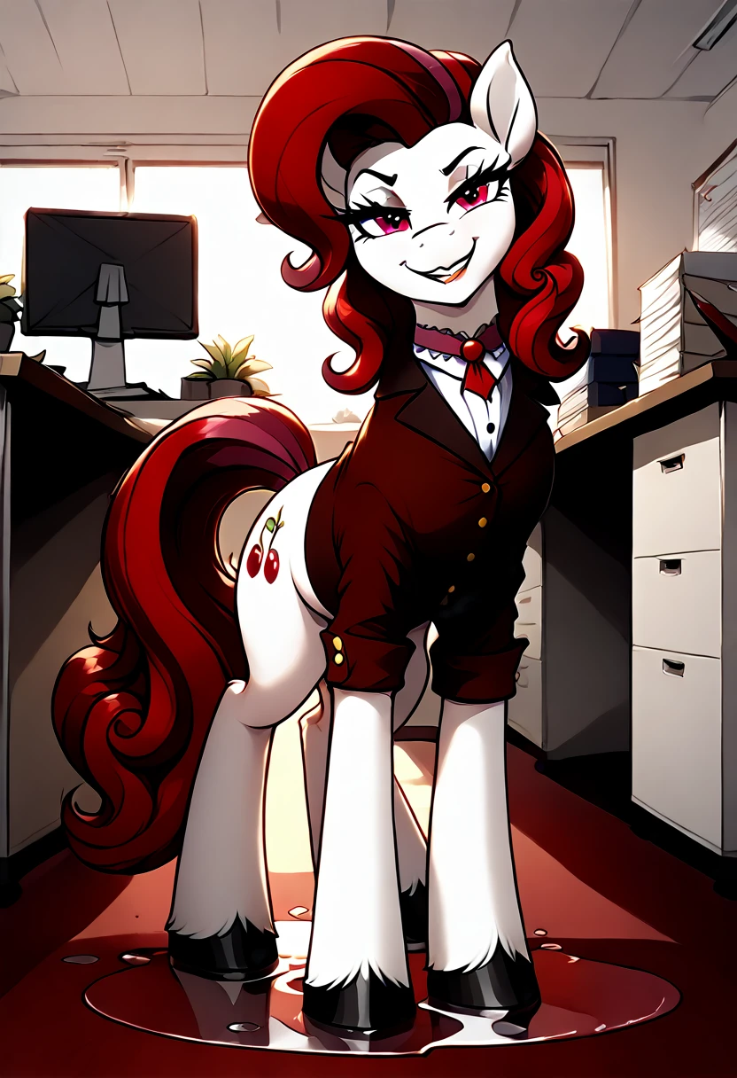 cherry jubilee, female, pony, evil smug smile, making a puddle of pussy juice From her pussy, in her office 