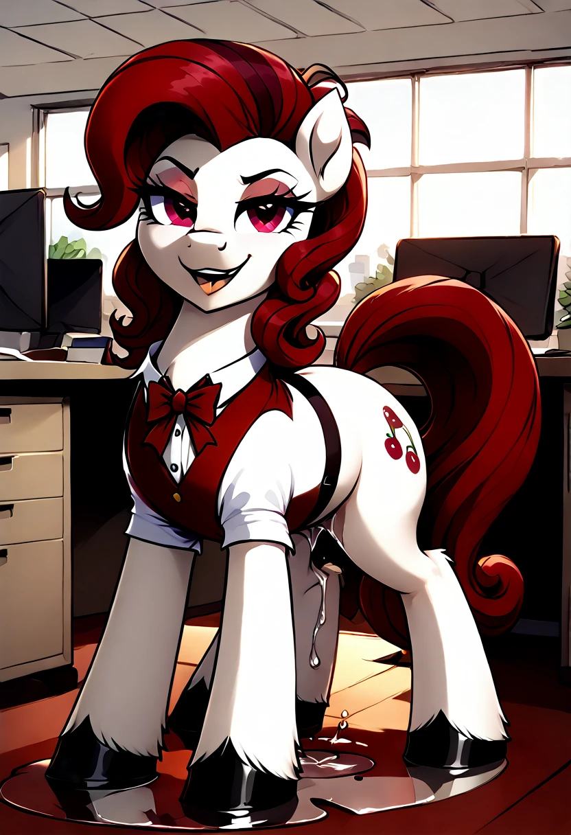 cherry jubilee, female, pony, evil smug smile, making a puddle of pussy juice From her pussy, in her office 