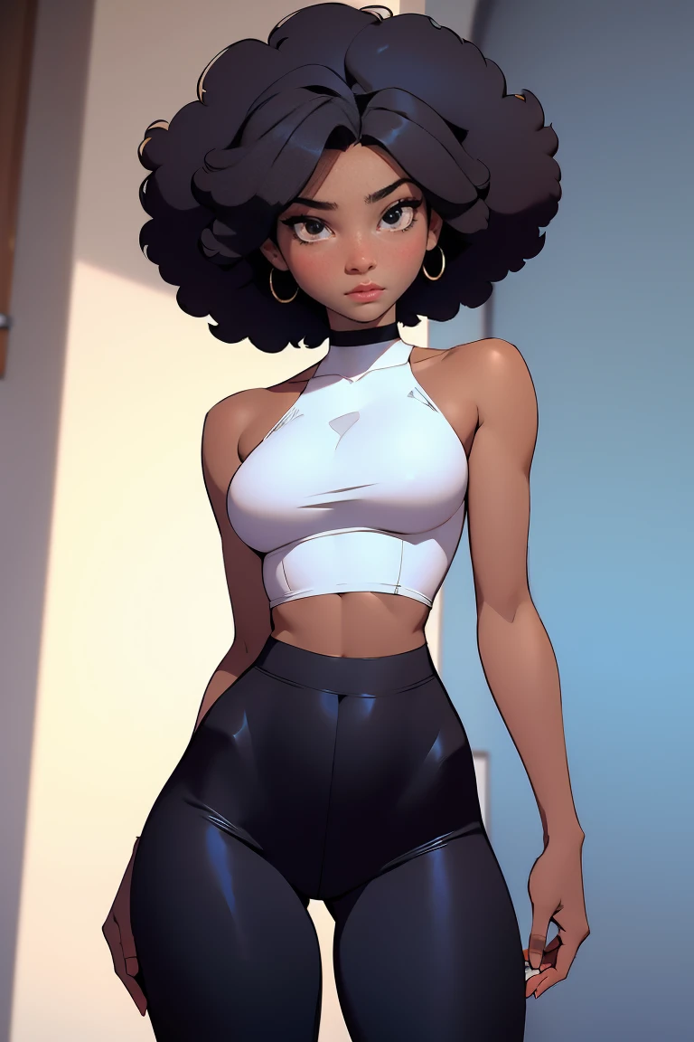 afro american girl, dark skin, behind view, afro haircut, 1 girl, solo, (black leggins) (crop tank top low neckline), sleveless, medium perky , wide hips