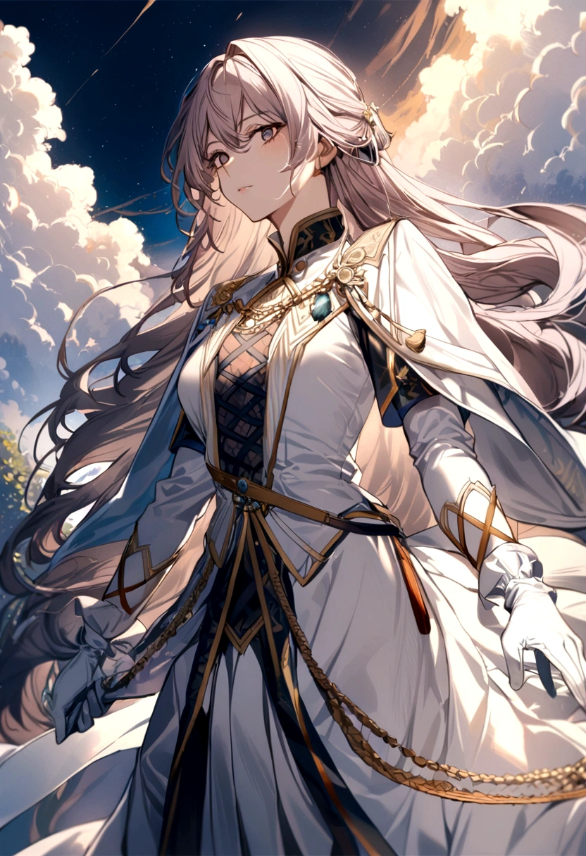 1girl, long hair, noble clothes, military uniform, white gloves,