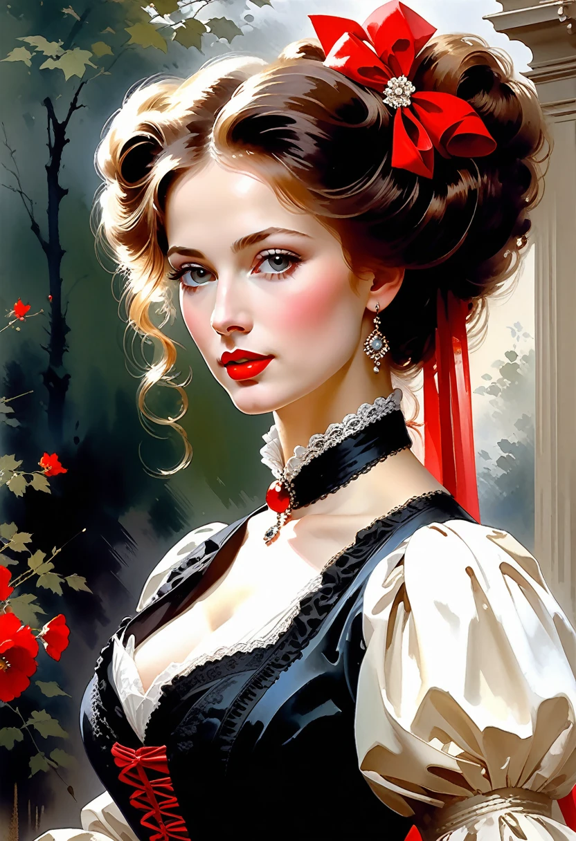Victorian Hungarian women Women of the 19th century, Hazel hair, Red lips, Nice feature, Wadim Kashin, james gurney, ink, Splash Art", Amazing beauty , Royo, after sexing, Super detailed splash art modern European ink painting