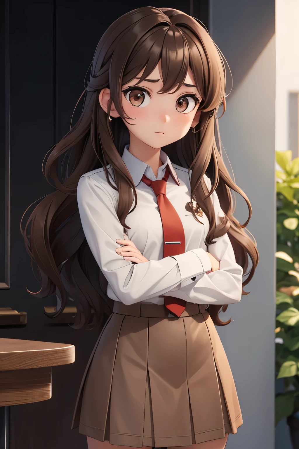 Girl, medium length, wavy brown hair, gray eyes, red tie, brown skirt, listening