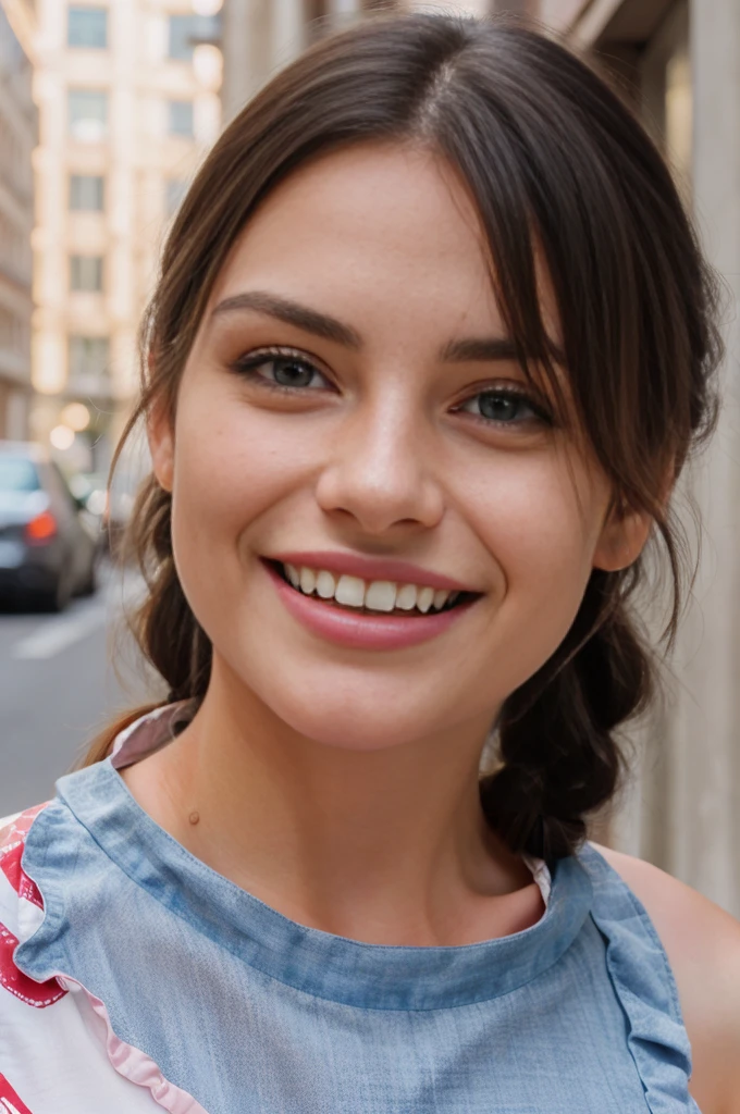 gorgeous, beautiful 21 years old, brunette with white stripes and small braids, closeup portait, face and breasts photograph, hot girl, she's in the city, (((wearing a cute dress))), (((perfect eyes))), she is smiling, perfect teeth, huge breasts, detailed skin, realistic, photo-realistic, 8k sharp focus, highly detailed, full length frame, High detail RAW color art, piercing, diffused soft lighting, shallow depth of field, sharp focus, hyperrealism, cinematic lighting, big smile