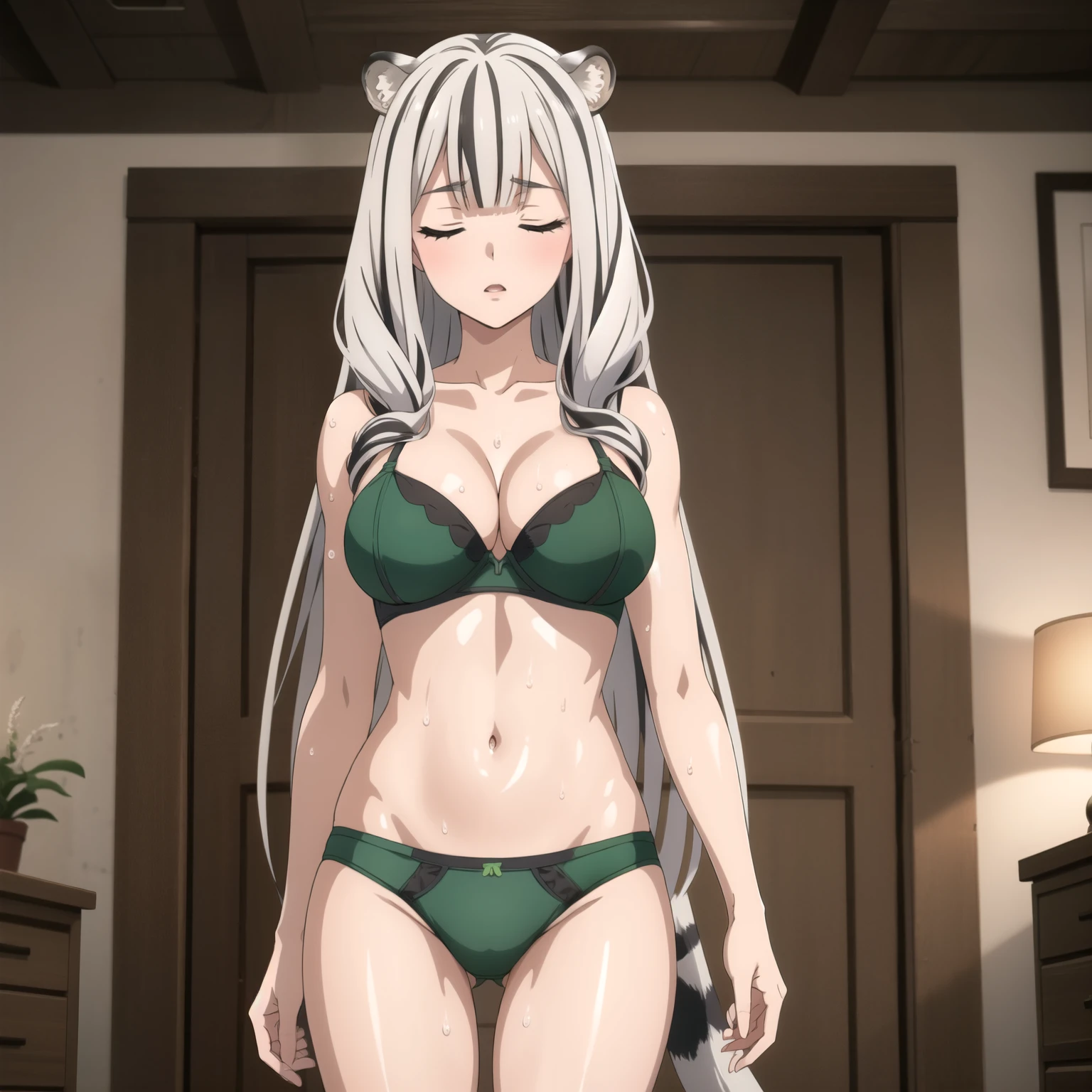 Atlas Fayon woman 40 years, white hair with black stripes ,white tiger ears, closed eyes, blind woman with closed eyes, detailed green bra and green panties ,expresión de sorpresa, sorprendida, boca abierta , background a luxurious hotel room, WET BODY. big breasts. mature face. standing in front of the viewer, whole body. boca abierta.
